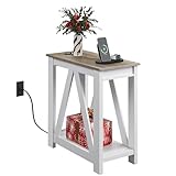 WLIVE Farmhouse End Table, Narrow Side Table with Charging Station, Slim End Table, Side Table for Bedroom, Living Room, Small Spaces, with 2 USB and 2 Power Outlets, 11.8' D x 23.6' W x 23.74' H
