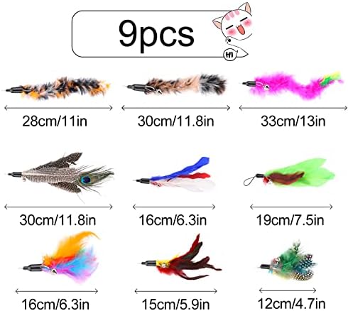 9Pcs Cat Feature Toys Feather Refill Cat Teaser Feather Toys Feather Spinning Attachment Feather Replacement Cat Catcher Toy Retractable Cat Wand Toys
