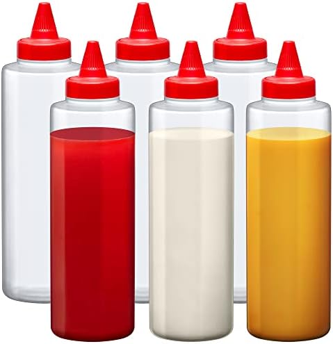 Amazing Abby - 16-Ounce Plastic Squeeze Bottles (Set of 6), Reusable Condiment Bottles, BFA-Free, Dishwasher-Safe, Perfect for Ketchup, Mustard, Mayonnaise, Sauces, Condiments, Dressings, and More