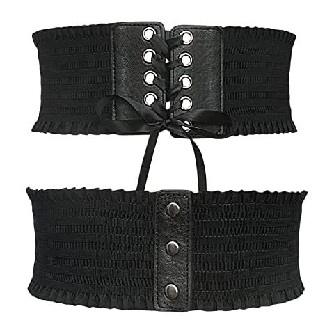 Lidiper Lady Lace-Up Belt, Women Elastic Wide Waist Belts Leather Tied Waspie Belt Retro Corset Belt Decoration Waistband with Buttons for Dresses, Shirt - Black Cover