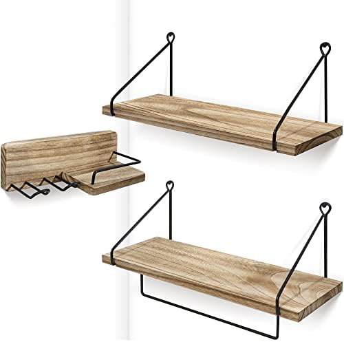 SUMGAR Floating Shelves for Bathroom Kitchen Rustic Wood Wall Shelf for bedroom living room office Wooden Storage Rack Set of 3 With Hair Dryer Holder Towel Bar Plant Dispaly Decoration