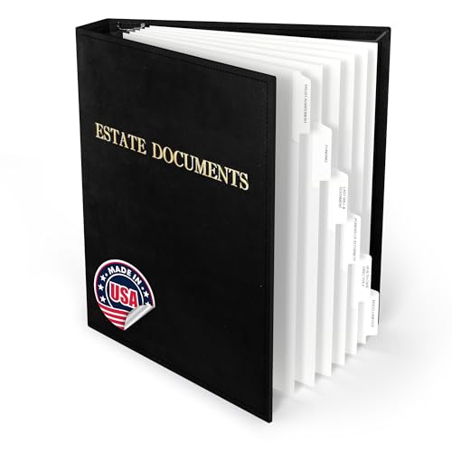 TRS Estate Planning Binder Kit – Pre-Labeled Tabs, Sheet Protectors | 1.5" D-Ring Stitched Faux Leather Organizer for Wills, Trusts, Power of Attorney & End-of-Life Planning | Gold on Black