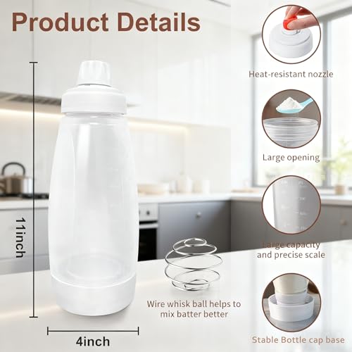 Batter Mixer and Dispenser with Whisk Ball, 1000ml Silicone Squeeze Pancake Batter Dispenser and Mixer, Stand Base and Leak-proof Sealing Ring for Pancakes Crepes Waffle Muffins Cupcakes