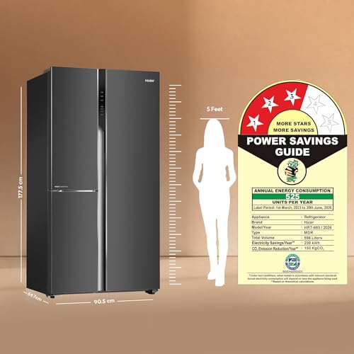 Image of Haier SmartChoice 598L 3 Star 3-Door Side by Side Frost Free Refrigerator | Expert Inverter Technology | Digital Display Panel | Jumbo Ice Maker | Deo Fresh Technology (HRT-683GK, Graphite Black)