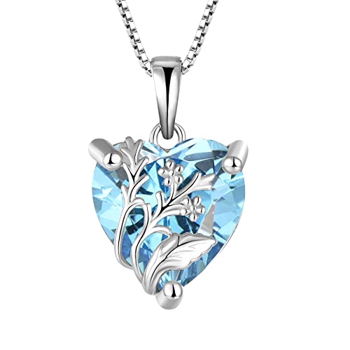 JO WISDOM Love Heart Pendant Necklace,925 Sterling Silver 12 * 12mm Crystal Necklaces for Women March Birthstone Aquamarine Color