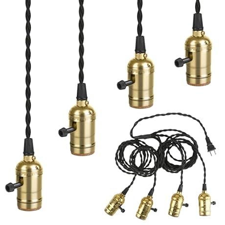 Vintage Plug-in Pendant Light Kit with 1-to-4 Hanging E26/E27 Sockets, Industrial Hanging Light with Individual Rotary Switches, Easy DIY Lighting for Living Room, Patio and Plant Corners, Gold