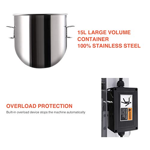 Z ZELUS Commercial Dough Mixer 600W 15L Food Cake Bread Hook Beater Whip Commercial Planetary Mixer Stand 3 Speed Electric Food Mixer with Spiral Dough Hook - Image 5