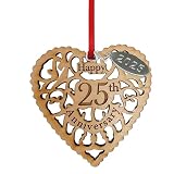 25th Anniversary Ornament Year Date Hang Tag- Wooden Heart Happy for Couples Beautiful Laser Cut Wood Detail Heart Shaped - Wrapped in Organza Gift Bag (25th Anniversary)