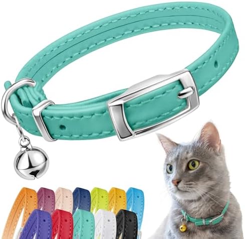 CollarDirect Leather Cat Collar with Bell - Kitten Collar, Small and Big Cat Collar for Boy Cats, Girl Cats with Safety Elastic Strap (Neck Fit 8"-11", Mint Green)