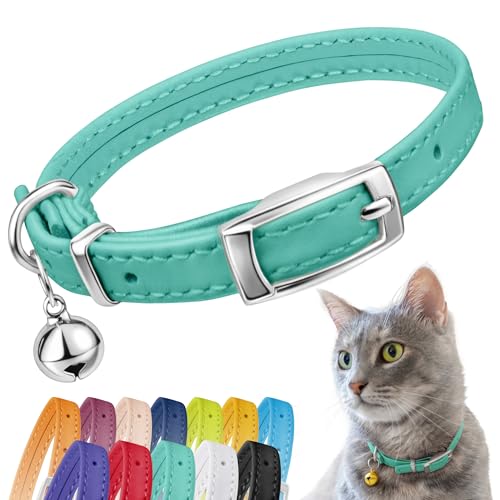 CollarDirect Collier pour Chat en Cuir de Sécurité avec Sangle Elastique, Cloche pour Chaton - Noir, Bleu, Rouge, Orange, Vert Lime (Menthe Verte, 20-28 cm)