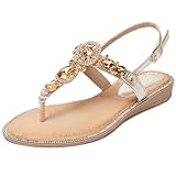 iCKER Women Rhinestone Sandals T-Strap Buckle Pearl Crystal Flat Sandals-PD21-Gold-8.5