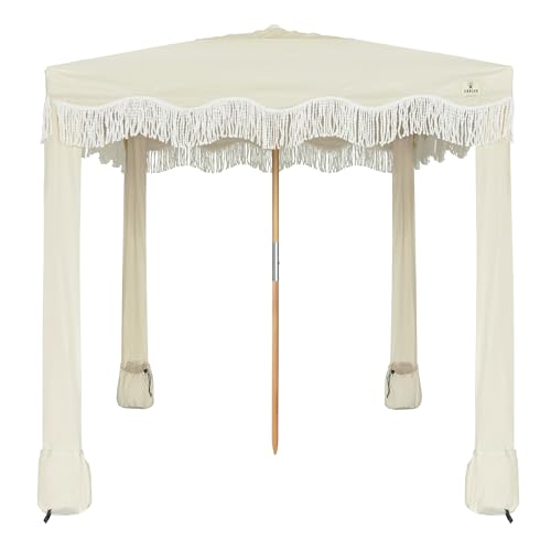 AMMSUN Beach Cabana with Fringe, 6.5' x 6.5' Boho Beach Canopy with Tassels, Easy Set up & Premium Wood Pole, Cabana Tent with Sand Pockets, Instant Sun Shade for Sand, Garden, Patio, Beige