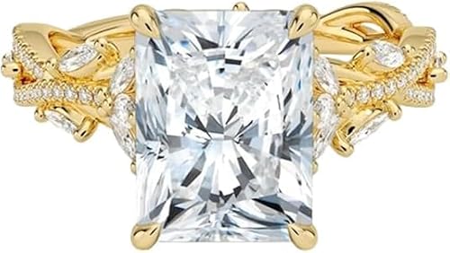 3 Carat Yellow Gold Radiant Cut Moissanite Engagement Ring for Women, Nature Inspired Floral Leaf Design, 10K 14K 18K Solid Gold or 925 Sterling Silver, Vintage Promise Wedding Ring, Unique Proposal Ring Gift