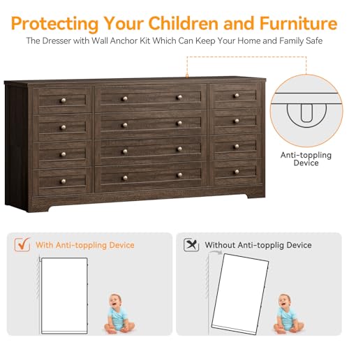 GarveeHome Wooden Dressers for Bedroom with 12 Drawers, Brown Modern Dresser for Adult Bedroom, Wood Chest of Drawers for Living Room, Closet, Entryway, Hallway, Wide TV Stand for 65 Inch TV by GarveeHome - Used condition - Image 7