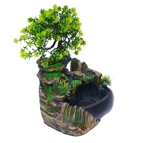 Fontana da interni con illuminazione a LED, fontana da tavolo, cascata, pianta verde, fontana da giardino, in resina, per il posizionamento del soggiorno, ufficio, 19 x 13 x 29 cm