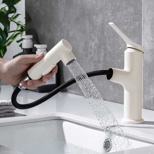 Wasserhahn Bad Schwarz, Mischbatterie Waschbecken mit Herausziehbarer Brause, Hochdruck Badarmatur mit 3 Modus, Waschbecken Armaturen für Badezimmer, Warm Kalt Mischbatterie (Weiß)
