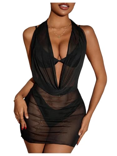 RoseSeek Women's Draped Halter Sheer Mesh Beach Dresses Backless Sleeveless Mini Swimsuit Cover Up Beachwear Black Medium