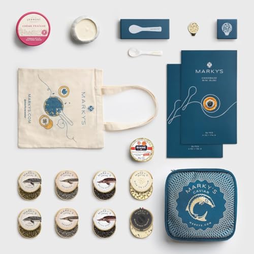 MARKY'S Caviar Connoisseur Celebration Set - 1.75 oz / 50 g (Pack of 6) x Beluga Hybrid, Sevruga, Osetra Royal - Caviar Butter - Truffle Butter - Blini, Cr&egrave;me Fra&icirc;che, French Butter - Serving Set - Mother of Pearl Spoon, Plate & Tin Opener - Cooler & Tote Bags