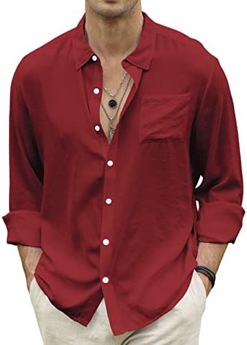 CTU Men's Fashion Summer Casual Button Down Shirt Long Sleeve Solid Color Holiday Beach Shirts WineRed