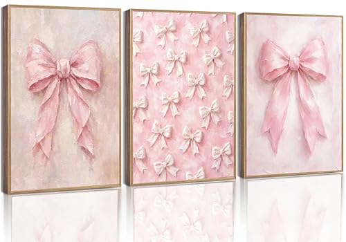 Image of 3Pcs Pink Bow Canvas Wall Art Vintage Trendy Cute Preppy Watercolor Bow Painting Pictures Wall Decor Posters Prints Girly Aesthetic for College Apartment Bedroom Decoration Unframed