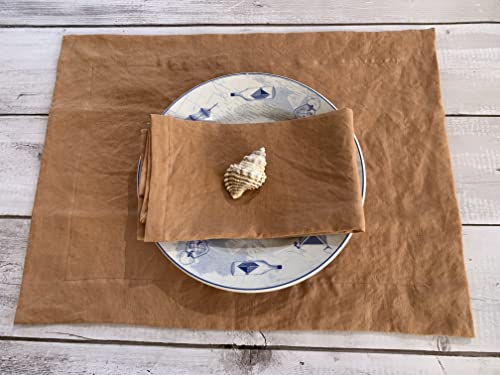 Eight Owls Stonewashed Linen Placemats – 15” X 20”– Set Of 4-100% Pure Linen Cloth - Mitered Corners – 2" Hem – Coast - Ochre Sunrise #TOP1