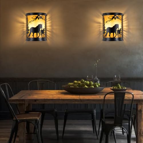 Image of Rustic Horse Wall Sconces, 2-Light E12 Farmhouse Black Metal Lamp | Rustic farmhouse style, Horse lamp,Modern Black Lighting for Bedroom, Living Room, Hallway, Stairway, Porch, Cabin