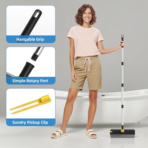 Image of Scrub Brush with Long Handle, Floor Scrub Brush Squeegee Broom for Cleaning, 3 in 1 Shower Scrubber Floor Broom Squeegee for Concrete Tile Wall Deck Patio Special Black