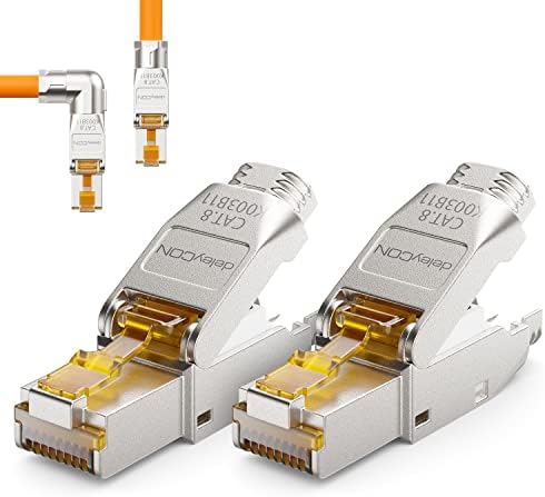 deleyCON 2x CAT 8 Wtyczka Sieciowa RJ45 Beznarzędziowy Montaż Ekranowana 40 Gbit/s Wtyczka Sieciowa do Sztywnych Surowego Kabla Sieciowego Złącze Wtykowe RJ45 Ethernet LAN DSL Kabel Krosowy