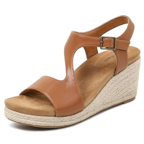 Goldnut Brown Espadrilles Wedges Sandals for Women Dressy, Platform Sandals Espadrille Ankle Strap Cut Out Wedges High Heels Casual Summer Comfortable Size 10 by Goldnut - Used condition - US$31.26