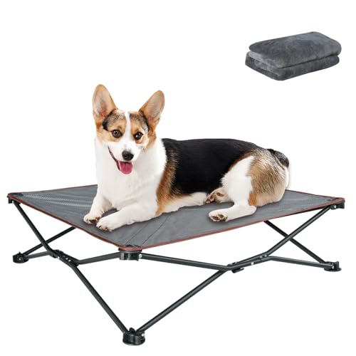unp Folding Dog Cot - 26.7 x 26.7 x 10 inch Elevated Breathable mesh Dog Bed, Dog Chair with Removable Plush Cover & Carrying Bag for Corgi... (Grey, M)