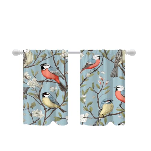 Shrahala Birds Branches Flowers Blackout Curtain Tiers, Birds Perched On Branches Kitchen Valance Light Blocking Tier Drapes with Rod Pocket, 2 Pack 26 X 36 in