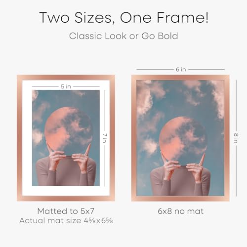 Image of Homeforia 6x8 Rose Picture Frame, High-End Metal, 5x7 Mat, Glass | High End Aluminum, Tempered Glass, Acid-Free 5x7 Removable Mat, 6x8 in Edge-to-Edge Display 8x6, Wall Kit, Set Of 2