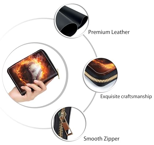 Credit Card Holder Wallets for Women, Burning Baseball Design RFID Blocking Small Leather Card Case Wallet Zipper Accordion Wallets4