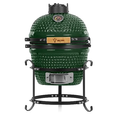 BBQ-Toro Kamado Grill Haiiro grill na węgiel drzewny, Ø 32 cm, zielony, mini grill na węgiel drzewny z termometrem i drewnianymi uchwytami, ceramiczny grill okrągły, ceramiczny grill, jajko, wędzarnia