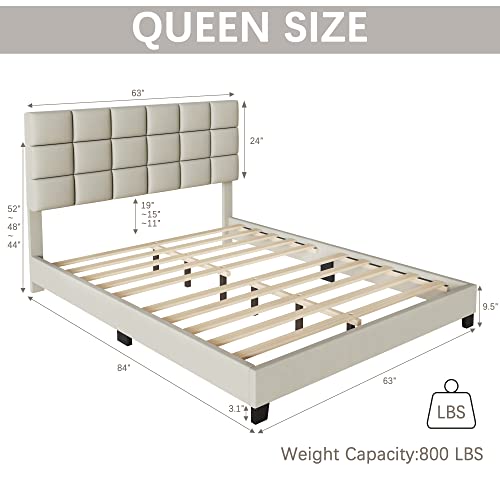 Fluest Queen Bed Frame Upholstered Bed Frame Platform With Adjustable Headboard Linen Fabric Tufted Headboard Wooden Slats Support/No Box Spring Needed/Easy Assembly/Mattress Foundation, Beige #TOP1