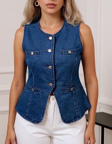 Ladyful Denim Vest Top for Women Jean Vest Sleeveless Button Down Summer Tops Crew Neck Western Waistcoat with Pockets4