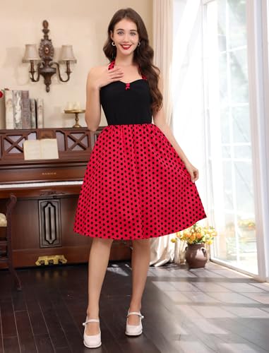 Image of 50s Dresses for Women Vintage 1950s Halter Retro Cocktail Dress 50s Polka Dot Pinup Rockabilly Audrey Hepburn Tea Party Dress