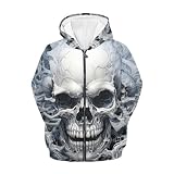 DUOLIFU Sudadera con capucha para niños con estampado 3D de calavera y cremallera, Blanco (White Skull), 8-10 años