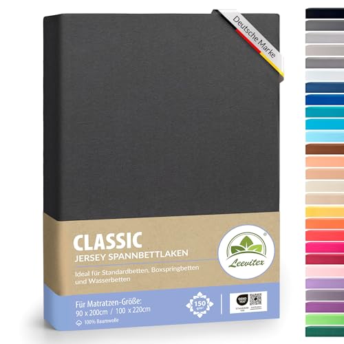 leevitex® Classic Jersey Spannbettlaken 90x200 – 100x220 cm | 150 GSM Baumwolle | Öko-Tex Zertifiziert | für Standard-, Boxspring- und Wasserbetten | 40 cm Steghöhe | 1er Pack | Anthrazit