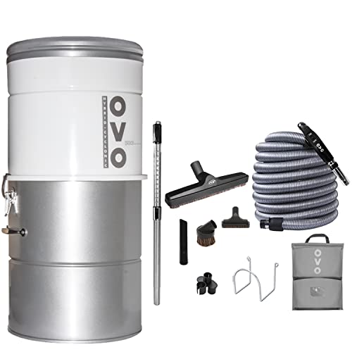 Ovo Aw Large And Powerful Central Vacuum System, Hybrid Filtration (With Or Without Disposable Bags) 25L Or 6.6 Gal, 700 Air Watts And 40 Ft Deluxe Accessory Kit Included, White And Silver #TOP24