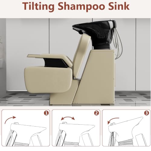 Image of Shampoo Bowl and Chair Set for Salon,Backwash Chair with Adjustable Tilting Porcelain Sink, Salon Hair Washing Station with Ceramic Shampoo Bowl Neck Rest