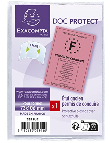 Exacompta - Réf. 5391UE - 1 étui de protection pour permis de conduire rose au format à classer 7,3 x 10,7 cm - étui 6 faces en PVC lisse - Pour un usage...