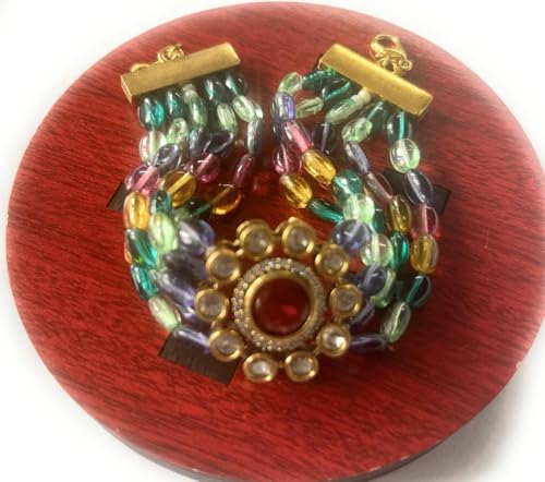 Image of Rakhi Loomba Multi-Strand Glass Bead Bracelet with Kundan Flower Centre, Turquoise Pink Yellow Purple Beads, Gold-Tone Clasp