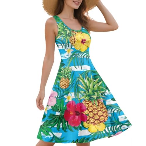 Image of Women Stylish Tank Dresses Sleeveless Round Neck Midi Casual Dress with Pocket for Summer