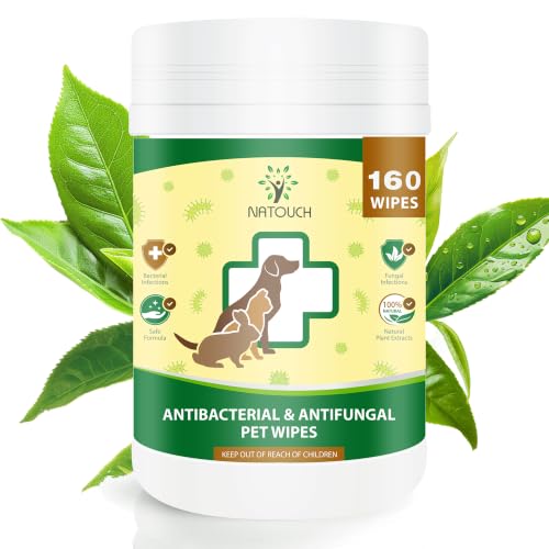 Natouch Antifungal and Antibacterial Wipes for Dogs & Cats, Dog Yeast Infection Treatment Wipes, All Natural Grooming Wipes for Cleaning, Help with Hot Spots, Ringworm, and Skin Infections, 160 Count