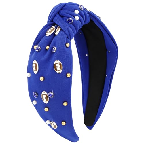 YARIEW Jeweled Knotted Headband for Women - Top Knot Headband for Girls, Sports Fan Mom Gifts (Blue)