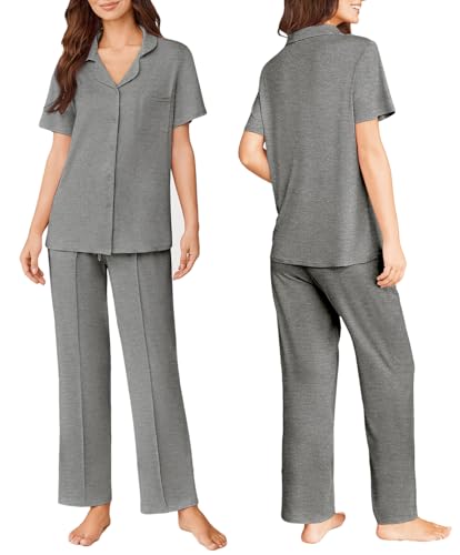 Image of Ekouaer Pajamas for Women Set Button Up Short Sleeve Pjs Sets With Pockets | Soft Womens Sleepwear,V Neck,Notch Collar,2 Piece Classic Loungewear With Long Pant for Sleep,Lounge,Fall