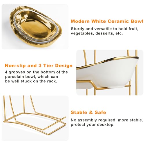 YUNLINLI 3 Tier Fruit Basket for Kitchen Counter, Detachable Ceramic Fruit Bowl Set with Metal Stand, Tiered Fruit Holder for Fruit Vegetable Snack Dessert Storage, Countertop Organizer for Home, Gold — view 2