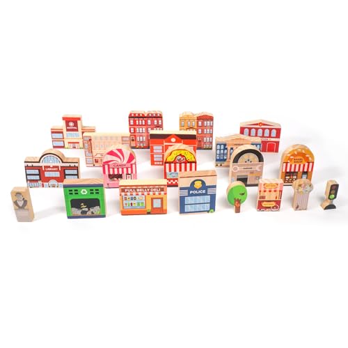 20 Pc Wooden City Play Set - Wooden Town Buildings and Street Signs for Play Mats, Toy Cars and Trains - Educational Preschool Track Accessories - Community Helpers Stacking Blocks Learning Toddler