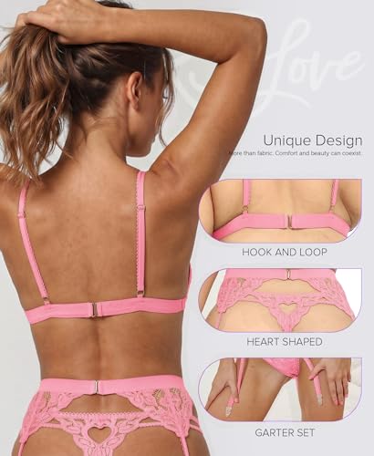 Image of RSLOVE Women Lingerie Set with Garter Belt | Heart Cutout Lace Design, Adjustable Fit, Soft Stretch Fabric, 3 Piece Romantic Lingerie Set